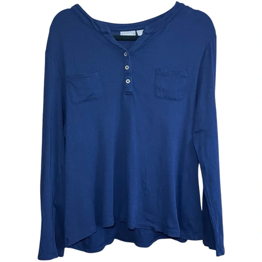 Chico’s Blue Relaxed Fit Henley Blouse | Mandarin Collar 3/4 Sleeve Casual Top